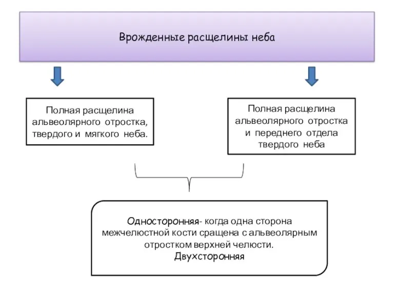 Врожденные расщелины неба Полная расщелина альвеолярного отростка, твердого и мягкого неба. Полная