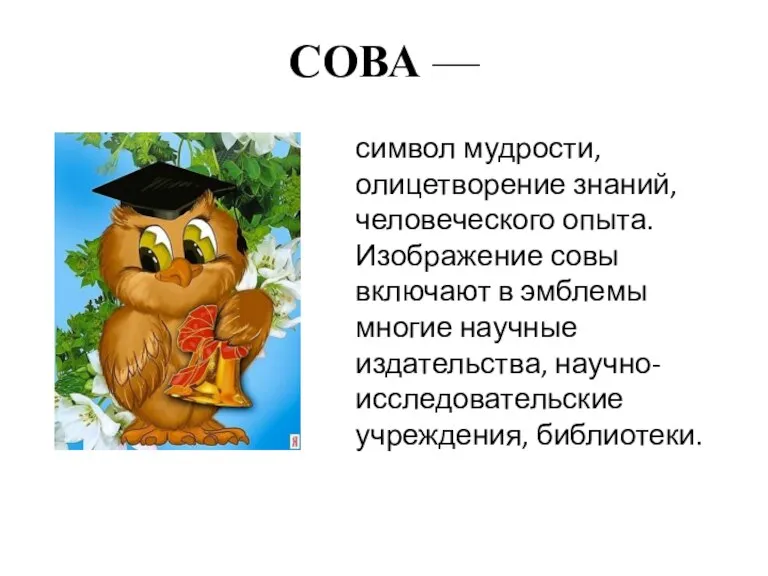 СОВА — символ мудрости, олицетворение знаний, человеческого опыта. Изображение совы включают в