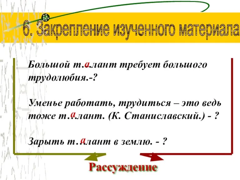 6. Закрепление изученного материала Большой т…лант требует большого трудолюбия.-? Уменье работать, трудиться