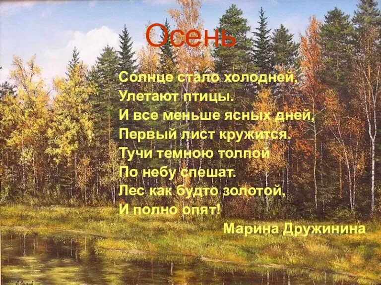 Осень Солнце стало холодней, Улетают птицы. И все меньше ясных дней, Первый