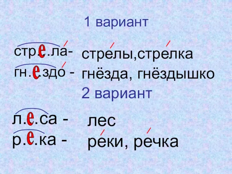 1 вариант стр…ла- гн…здо - стрелы,стрелка гнёзда, гнёздышко 2 вариант е е