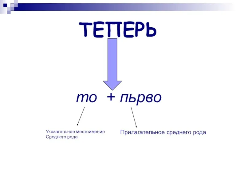 ТЕПЕРЬ то + пьрво Указательное местоимение Среднего рода Прилагательное среднего рода