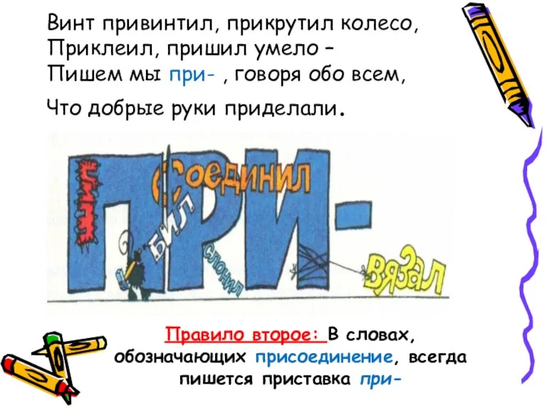 Винт привинтил, прикрутил колесо, Приклеил, пришил умело – Пишем мы при- ,