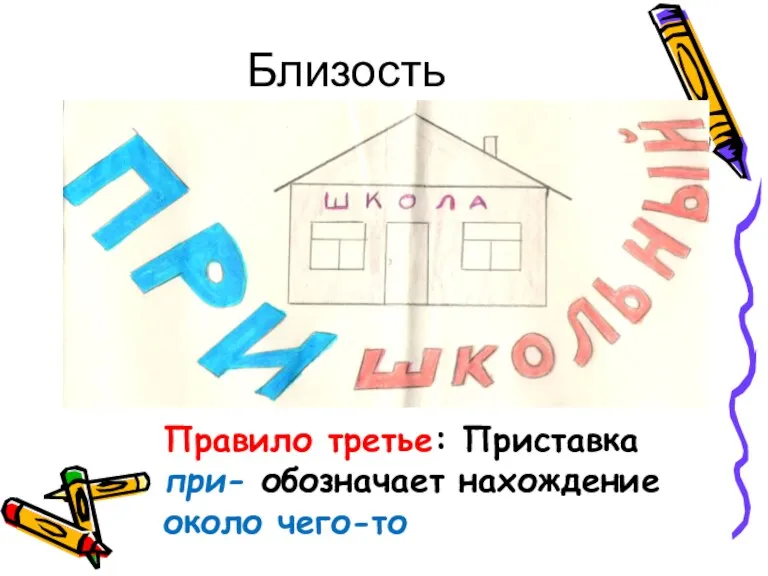 Близость Правило третье: Приставка при- обозначает нахождение около чего-то