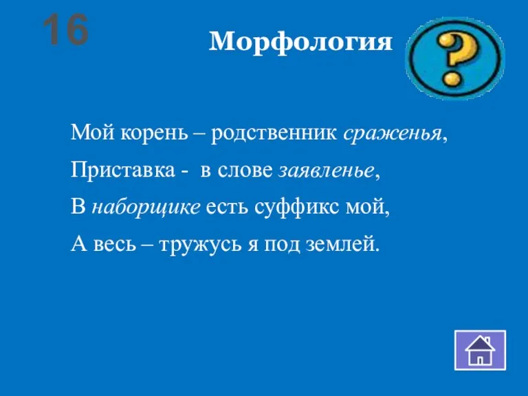 Морфология Мой корень – родственник сраженья, Приставка - в слове заявленье, В