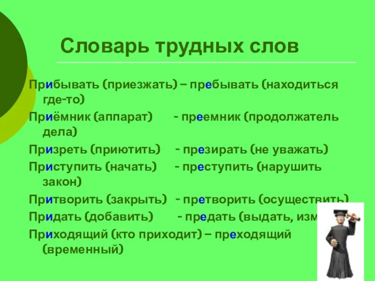 Словарь трудных слов Прибывать (приезжать) – пребывать (находиться где-то) Приёмник (аппарат) -