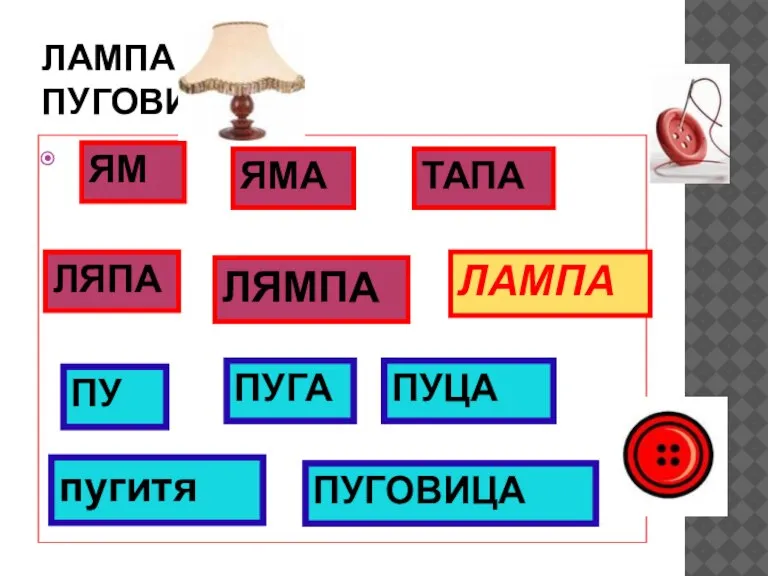 ЛАМПА. ПУГОВИЦА. ЯМ ЯМА ТАПА ЛЯПА ЛЯМПА ЛАМПА ПУ ПУГА ПУЦА пугитя ПУГОВИЦА