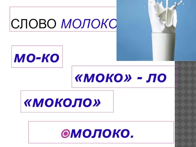 СЛОВО МОЛОКО мо-ко «моко» - ло «моколо» молоко.