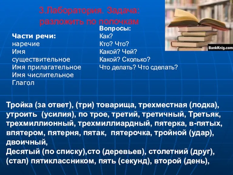 3.Лаборатория. Задача: разложить по полочкам Части речи: наречие Имя существительное Имя прилагательное