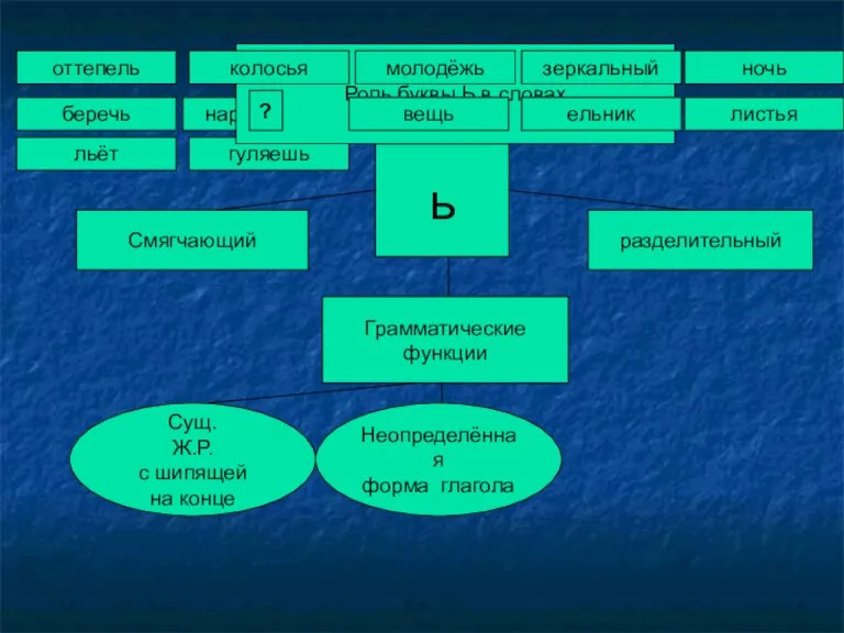 ь Смягчающий Грамматические функции разделительный Сущ. Ж.Р. с шипящей на конце Неопределённая