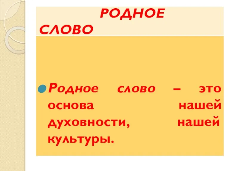 РОДНОЕ СЛОВО Родное слово – это основа нашей духовности, нашей культуры.