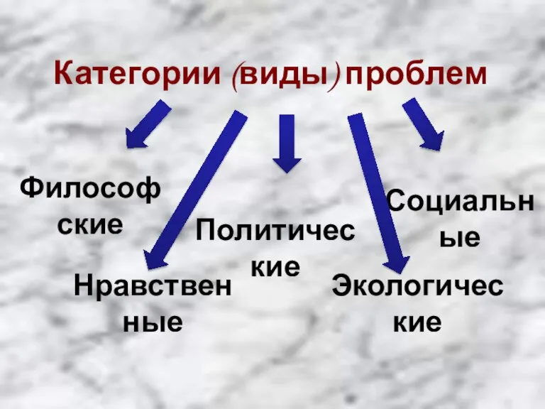 Категории (виды) проблем Философские Социальные Политические Экологические Нравственные