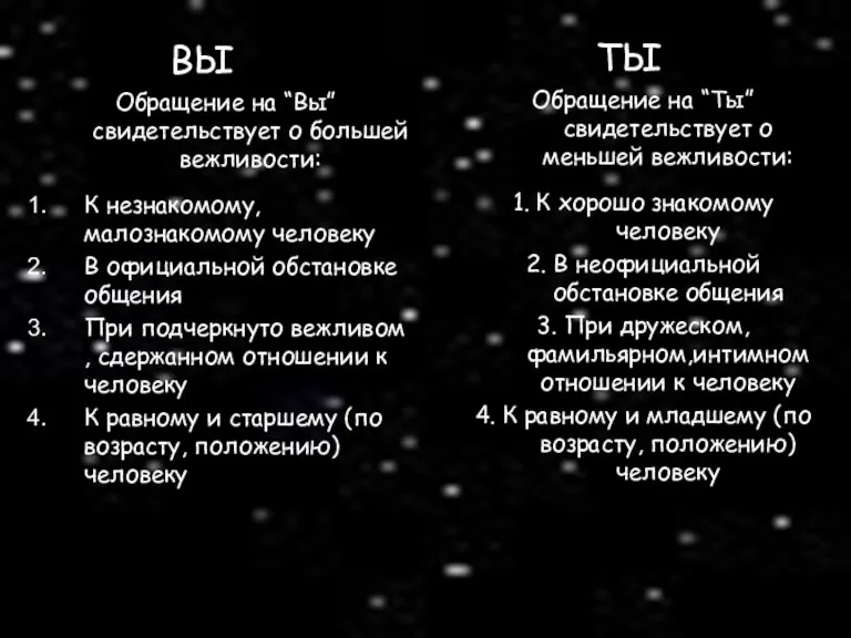 ВЫ Обращение на “Вы” свидетельствует о большей вежливости: К незнакомому, малознакомому человеку