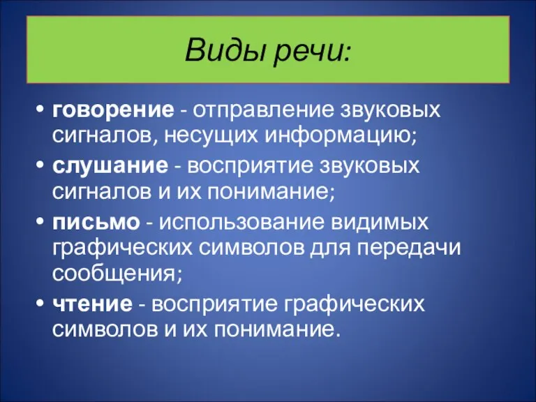 Виды речи: говорение - отправление звуковых сигналов, несущих информацию; слушание - восприятие