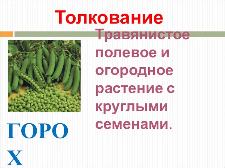 Толкование ГОРОХ Травянистое полевое и огородное растение с круглыми семенами.