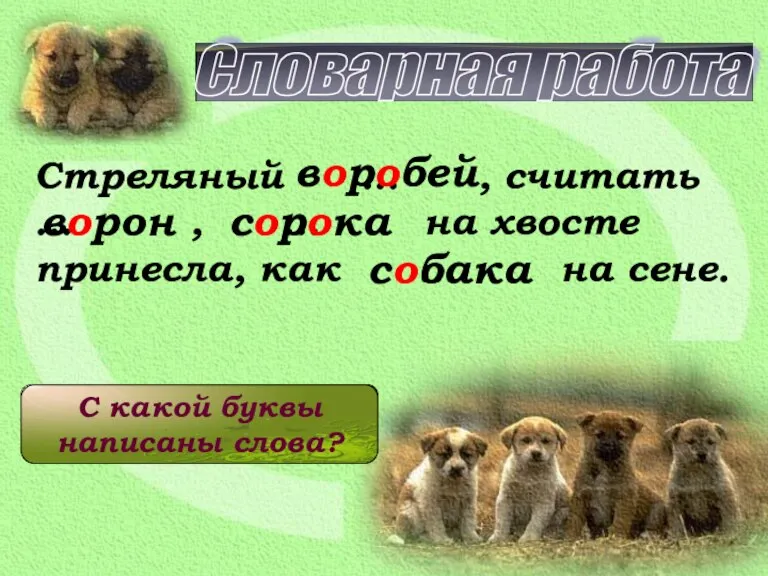 Словарная работа Стреляный … , считать … , … на хвосте принесла,