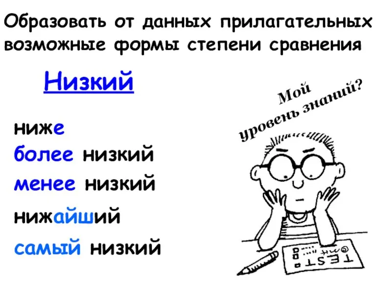 Образовать от данных прилагательных возможные формы степени сравнения Низкий ниже более низкий