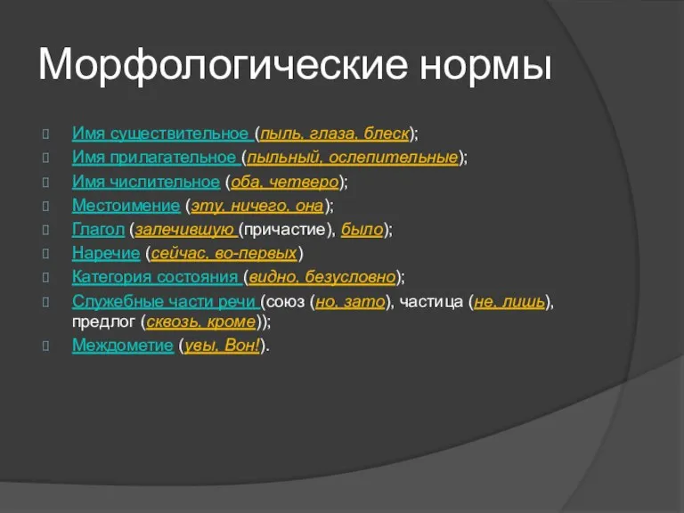 Морфологические нормы Имя существительное (пыль, глаза, блеск); Имя прилагательное (пыльный, ослепительные); Имя