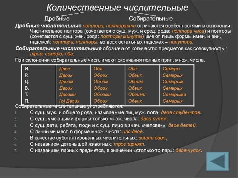 Количественные числительные Дробные Собирательные Дробные числительные полтора, полтораста отличаются особенностями в склонении.