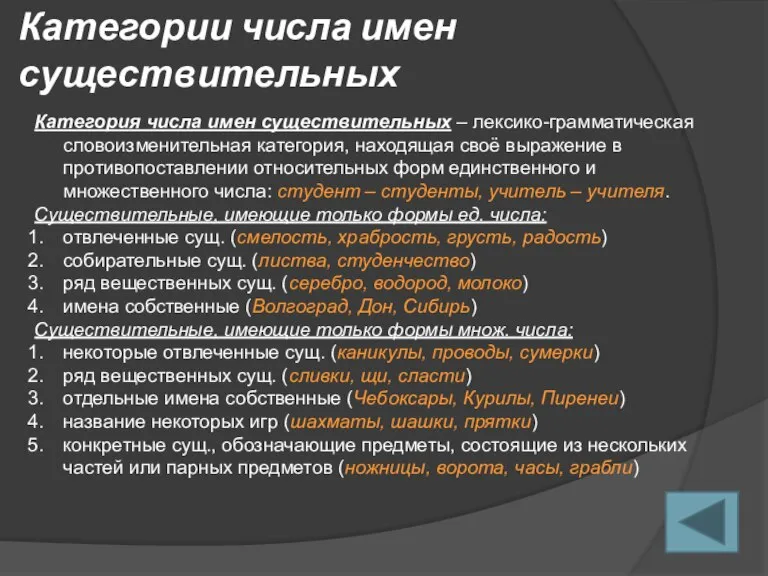 Категории числа имен существительных Категория числа имен существительных – лексико-грамматическая словоизменительная категория,