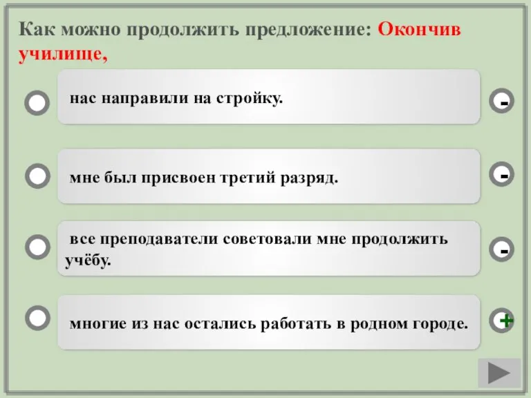 Как можно продолжить предложение: Окончив училище, многие из нас остались работать в