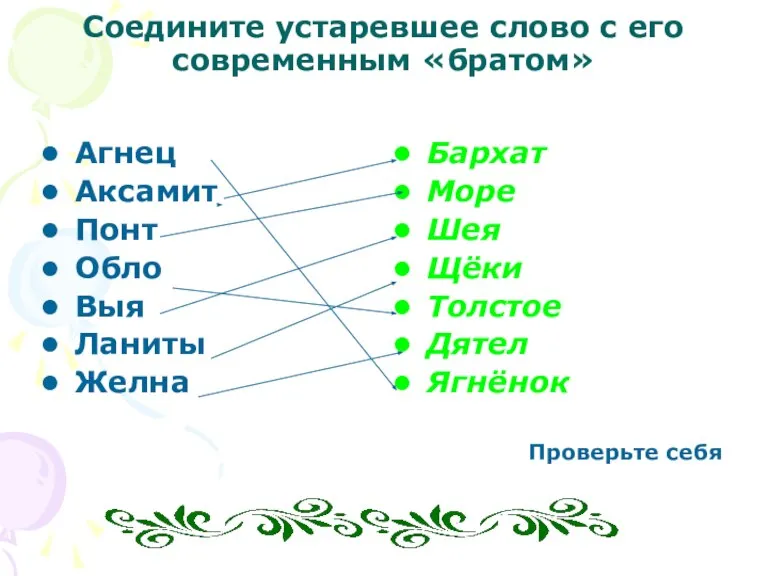 Соедините устаревшее слово с его современным «братом» Агнец Аксамит Понт Обло Выя