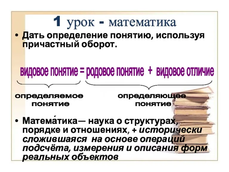 видовое понятие = родовое понятие + видовое отличие 1 урок - математика