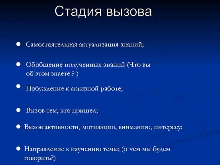 Стадия вызова Самостоятельная актуализация знаний; Обобщение полученных знаний (Что вы об этом