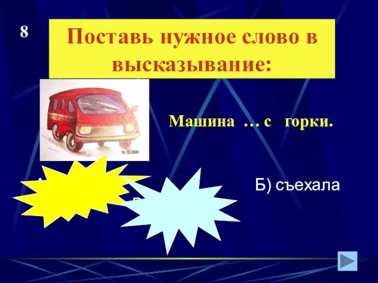 Поставь нужное слово в высказывание: А) сйехала Б) съехала В) сйэхала Машина … с горки. 8