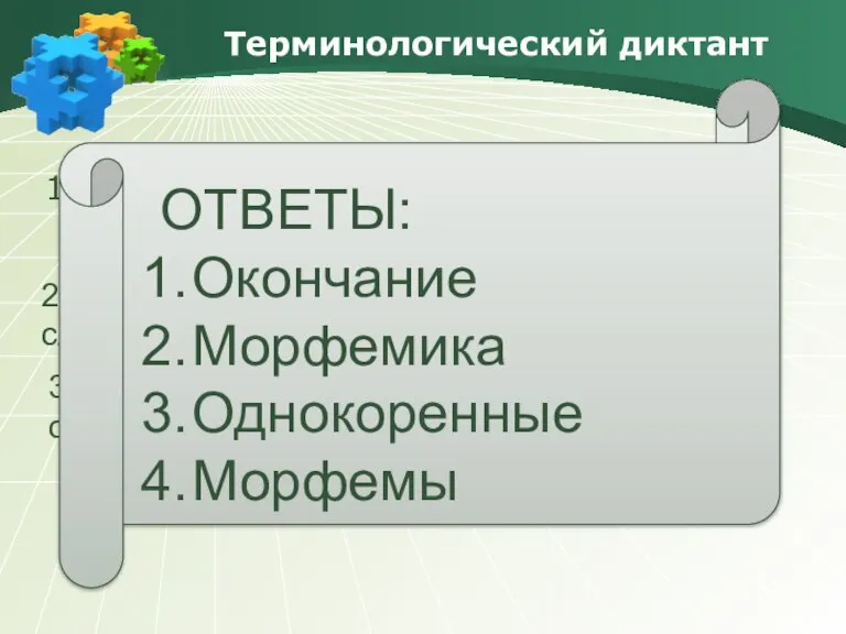 Терминологический диктант 1. Выражает грамматическое значение слова. 2. Раздел о языке, в