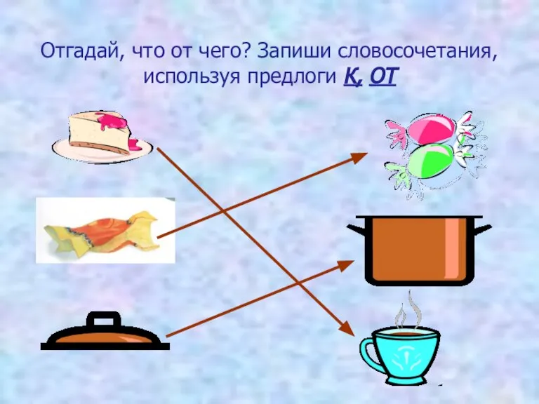 Отгадай, что от чего? Запиши словосочетания, используя предлоги К, ОТ