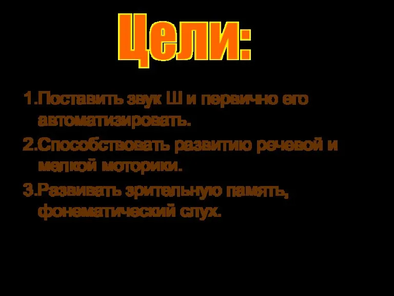 1.Поставить звук Ш и первично его автоматизировать. 2.Способствовать развитию речевой и мелкой