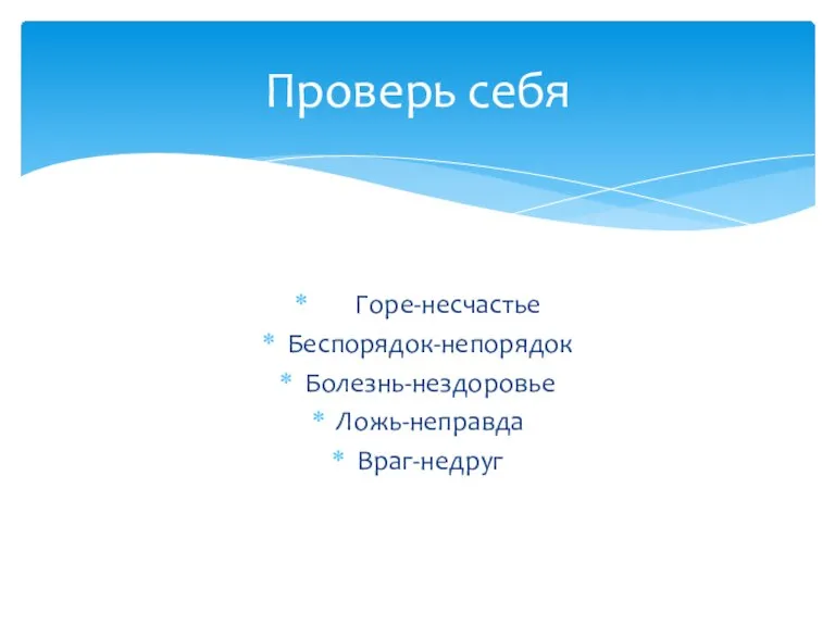 Горе-несчастье Беспорядок-непорядок Болезнь-нездоровье Ложь-неправда Враг-недруг Проверь себя