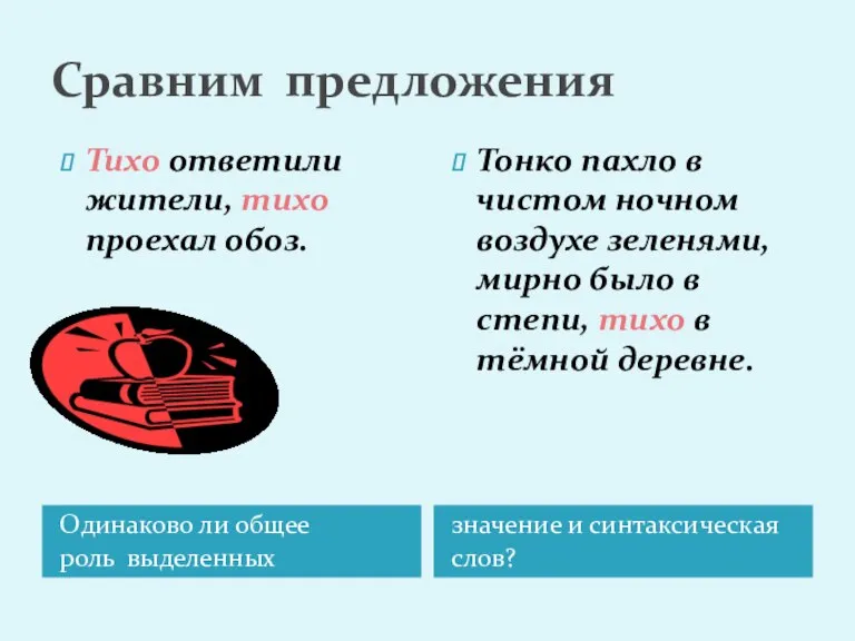 Сравним предложения Одинаково ли общее роль выделенных значение и синтаксическая слов? Тихо