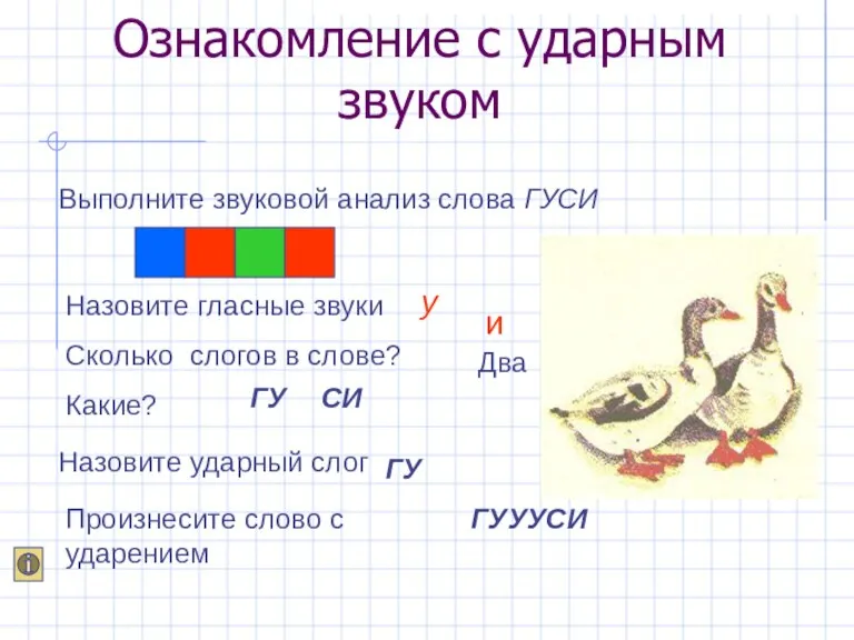 Ознакомление с ударным звуком Выполните звуковой анализ слова ГУСИ Назовите гласные звуки