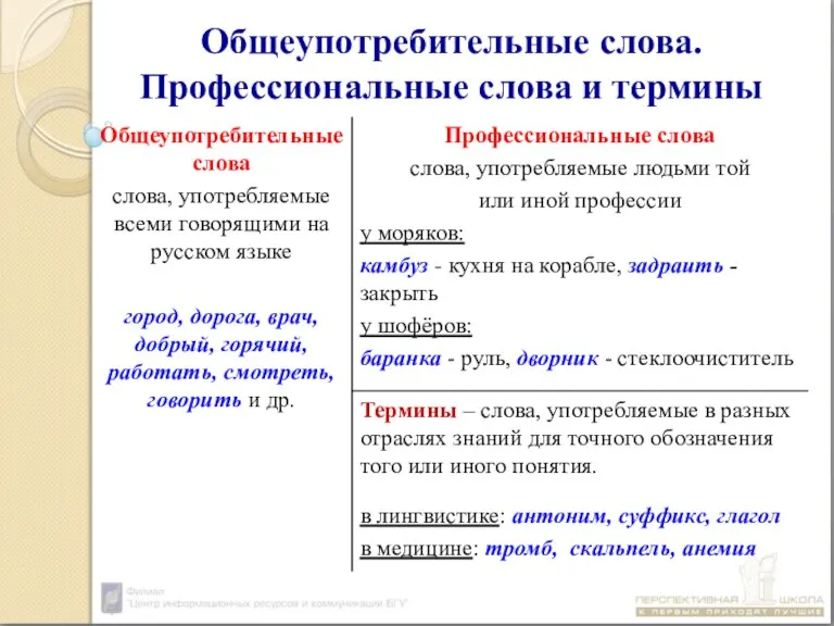 Общеупотребительные слова. Профессиональные слова и термины