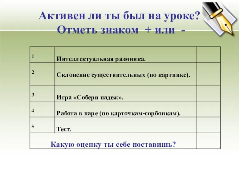 Активен ли ты был на уроке? Отметь знаком + или -