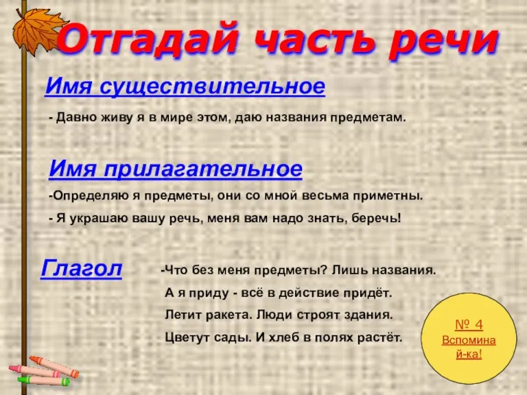 Имя существительное - Давно живу я в мире этом, даю названия предметам.