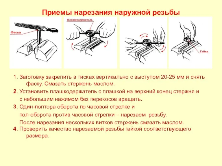 Приемы нарезания наружной резьбы 1. Заготовку закрепить в тисках вертикально с выступом