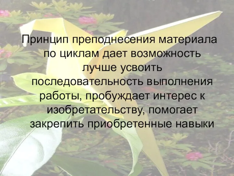 Принцип преподнесения материала по циклам дает возможность лучше усвоить последовательность выполнения работы,