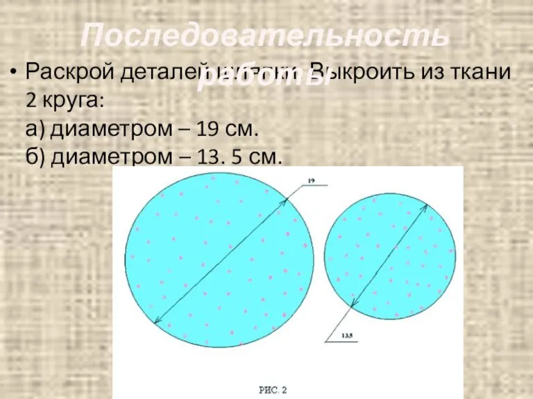 Раскрой деталей шляпки. Выкроить из ткани 2 круга: а) диаметром – 19