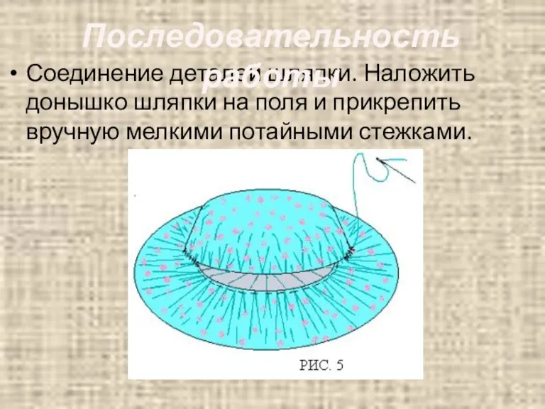 Соединение деталей шляпки. Наложить донышко шляпки на поля и прикрепить вручную мелкими потайными стежками. Последовательность работы