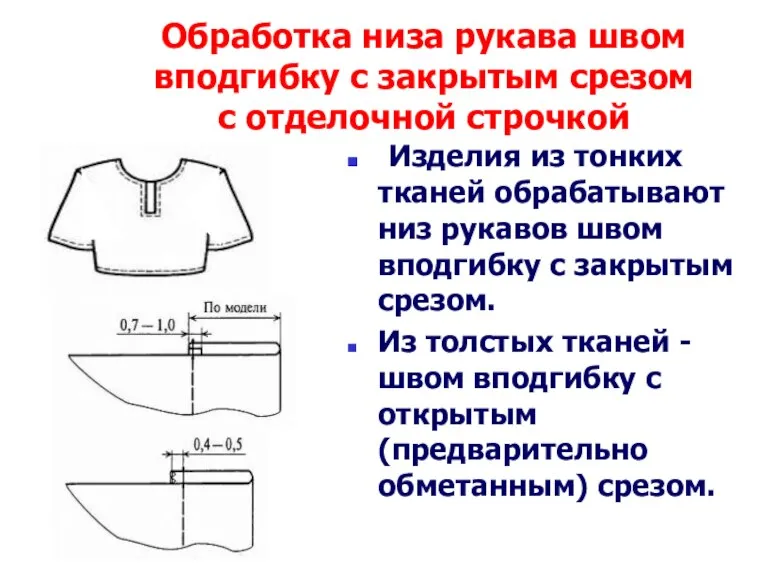 Обработка низа рукава швом вподгибку с закрытым срезом с отделочной строчкой Изделия