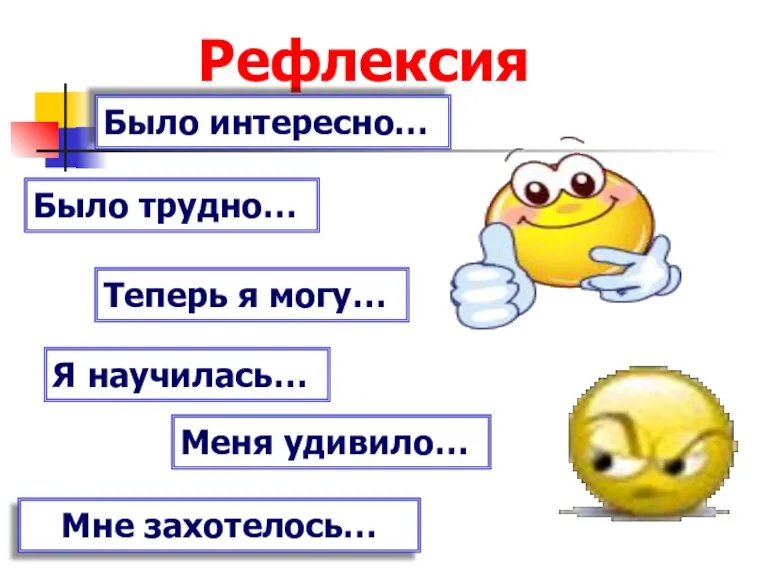 Рефлексия Было интересно… Было трудно… Теперь я могу… Я научилась… Меня удивило… Мне захотелось…