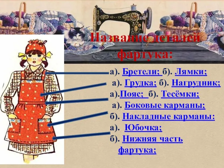 Название деталей фартука: а). Бретели; б). Лямки; а). Грудка; б). Нагрудник; а).Пояс;