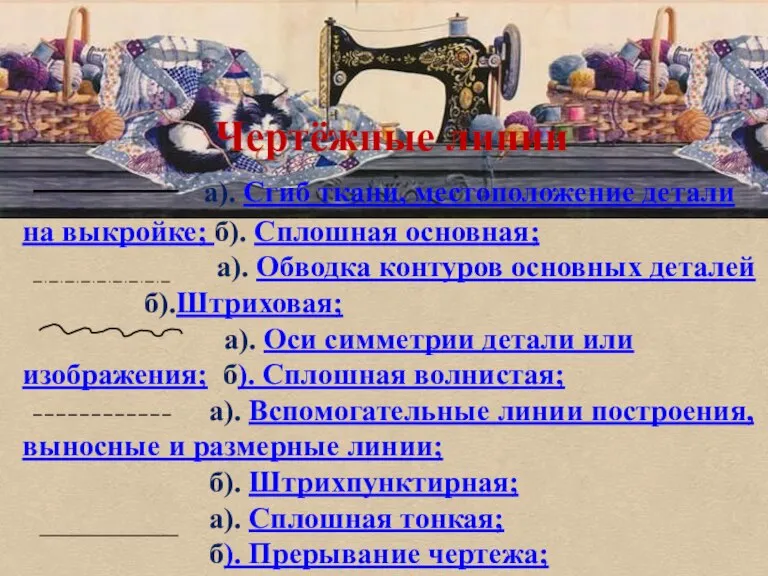 Чертёжные линии а). Сгиб ткани, местоположение детали на выкройке; б). Сплошная основная;