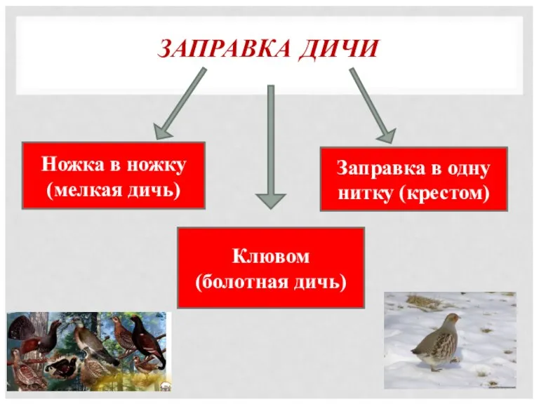 ЗАПРАВКА ДИЧИ Ножка в ножку (мелкая дичь) Заправка в одну нитку (крестом) Клювом (болотная дичь)