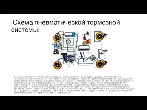 Схема пневматической тормозной системы: 1 – тормозная колодка; 2 – оттяжная пружина