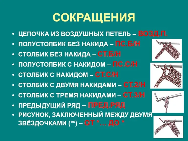 СОКРАЩЕНИЯ ЦЕПОЧКА ИЗ ВОЗДУШНЫХ ПЕТЕЛЬ – ВОЗД.П. ПОЛУСТОЛБИК БЕЗ НАКИДА – ПС.Б/Н