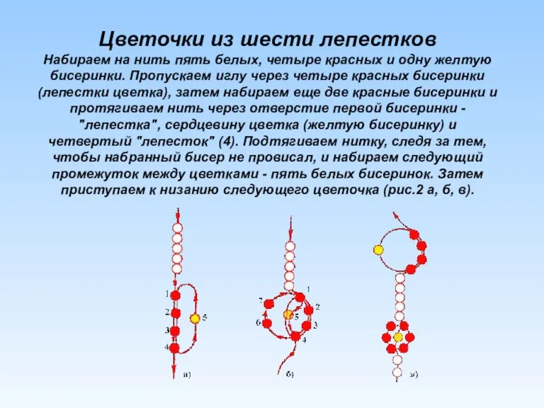 Цветочки из шести лепестков Набираем на нить пять белых, четыре красных и